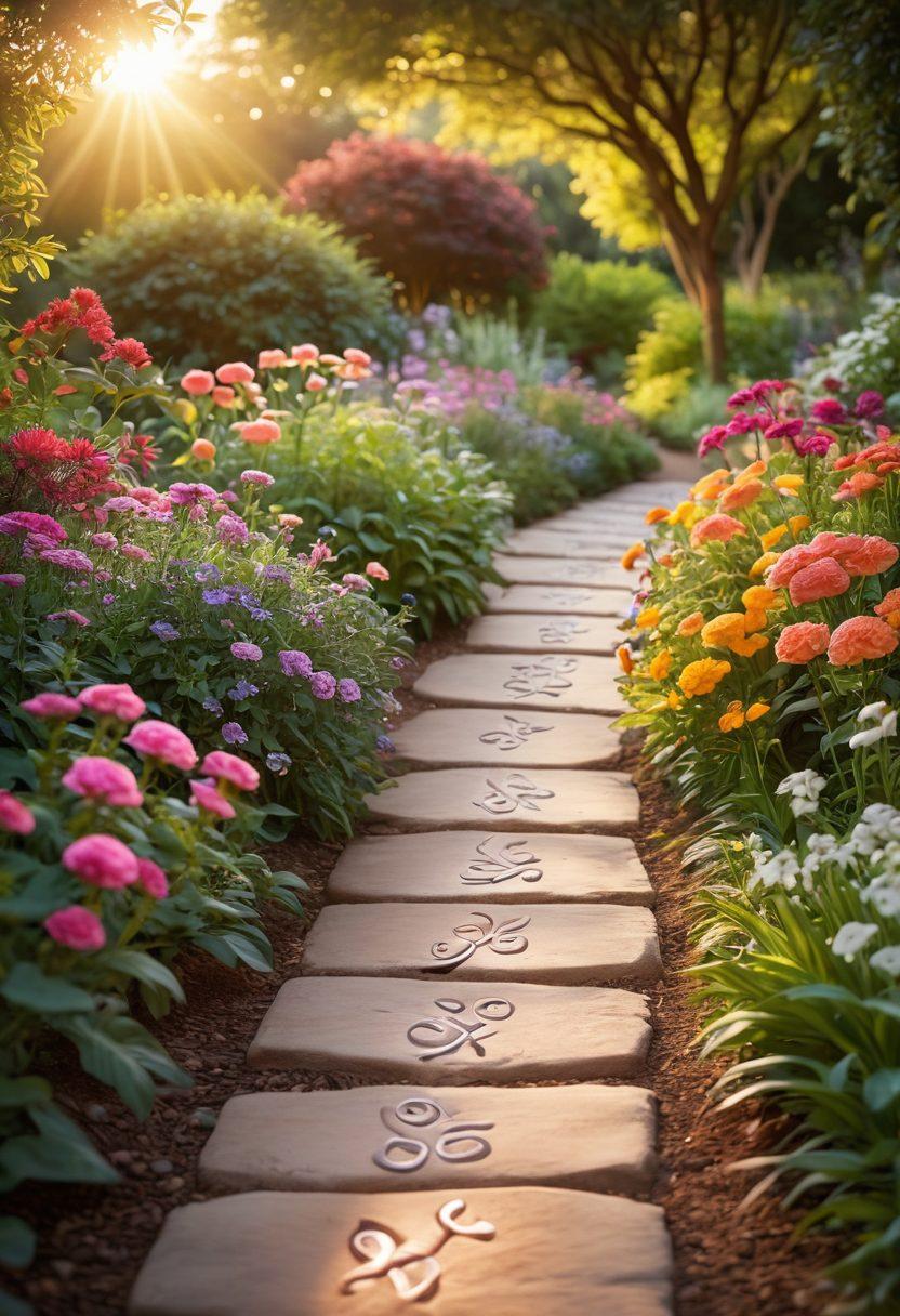 A serene path winding through a lush garden, symbolizing the journey through cancer care, with vibrant flowers representing hope and breakthroughs. In the background, a gentle sunrise casts a warm glow, illuminating the path ahead. Include an abstract representation of medical symbols subtly integrated into the foliage. super-realistic. vibrant colors. soft focus.