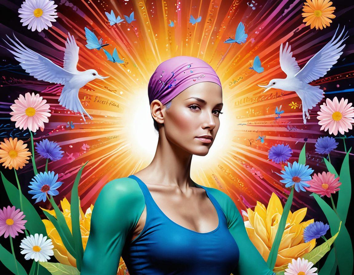 A strong and determined person symbolizing a cancer warrior, standing tall amidst a backdrop of supportive resources like a colorful network of hands offering help, books on cancer awareness, and a path leading to hope. Include a soft glow around the warrior to represent resilience, surrounded by blooming flowers that signify life and growth. Use vibrant colors. super-realistic.