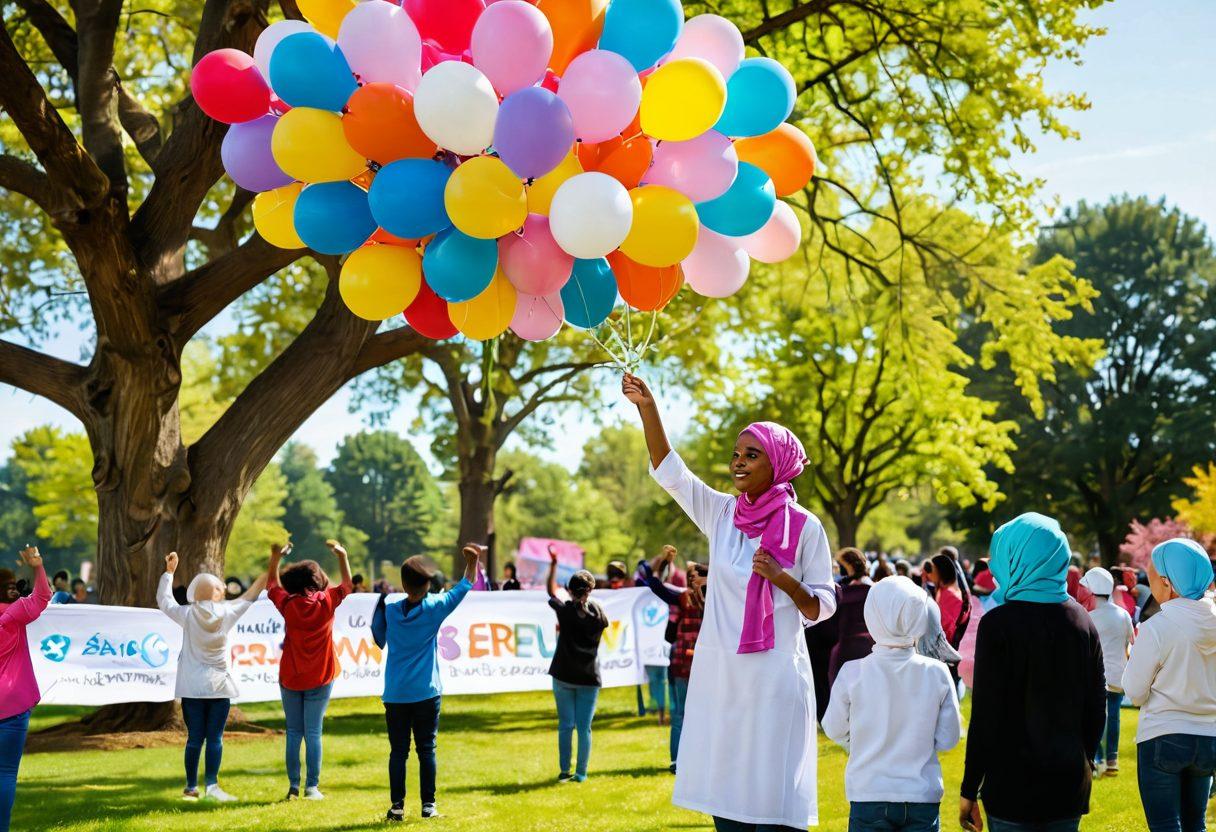A powerful and uplifting scene depicting a diverse group of individuals uniting in a park for a cancer awareness event, holding banners promoting advocacy and prevention. In the foreground, a woman with a headscarf is engaging with a child, symbolizing hope and resilience, while others are sharing information. The backdrop features blooming flowers and vibrant trees to represent life and growth. Brightly colored balloons float in the air, creating an atmosphere of positivity and support. vibrant colors. 3D.